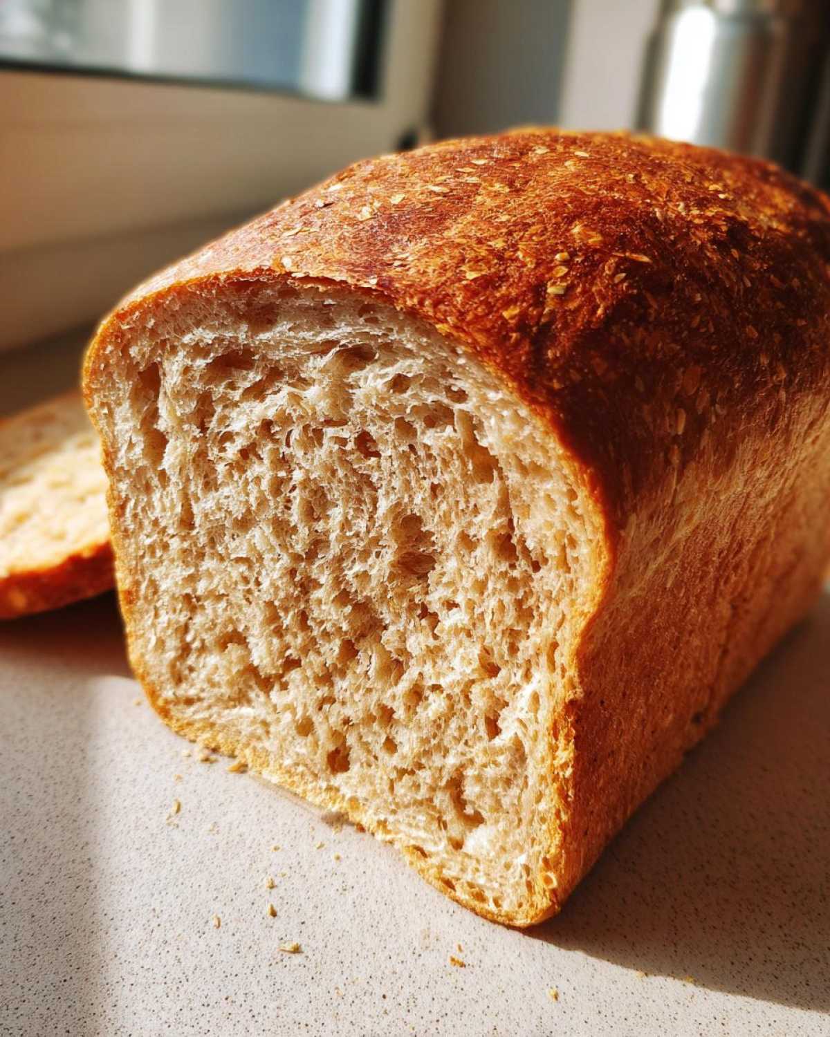 Close-up of a freshly baked whole wheat bread loaf showing its fluffy, open crumb texture.