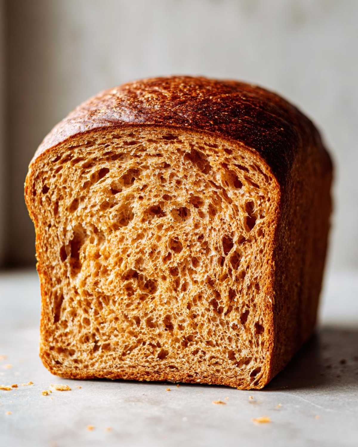 Close-up of the cut side of a loaf of fluffy whole wheat bread showing its open, soft crumb structure.