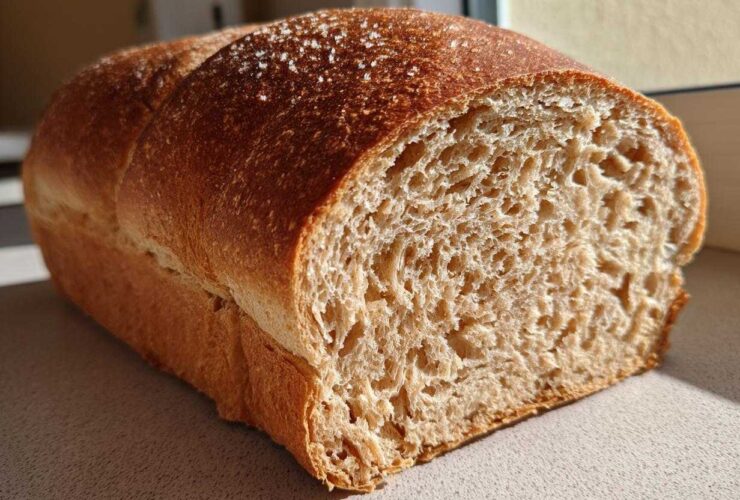 Close-up of a freshly baked loaf of whole wheat bread, showing a soft, airy crumb and a golden-brown crust.