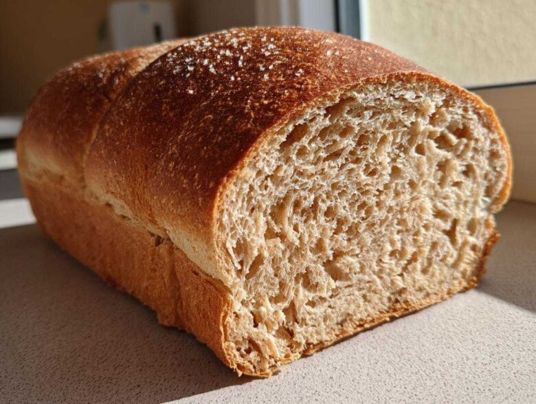 Close-up of a freshly baked loaf of whole wheat bread, showing a soft, airy crumb and a golden-brown crust.