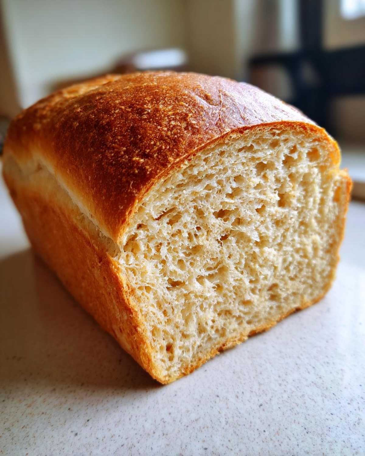 Close-up of a loaf of homemade whole wheat bread, showing the golden crust and fluffy interior crumb.