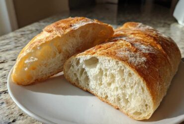 A loaf of golden-crusted french bread sliced in half, showing a soft, airy interior crumb.