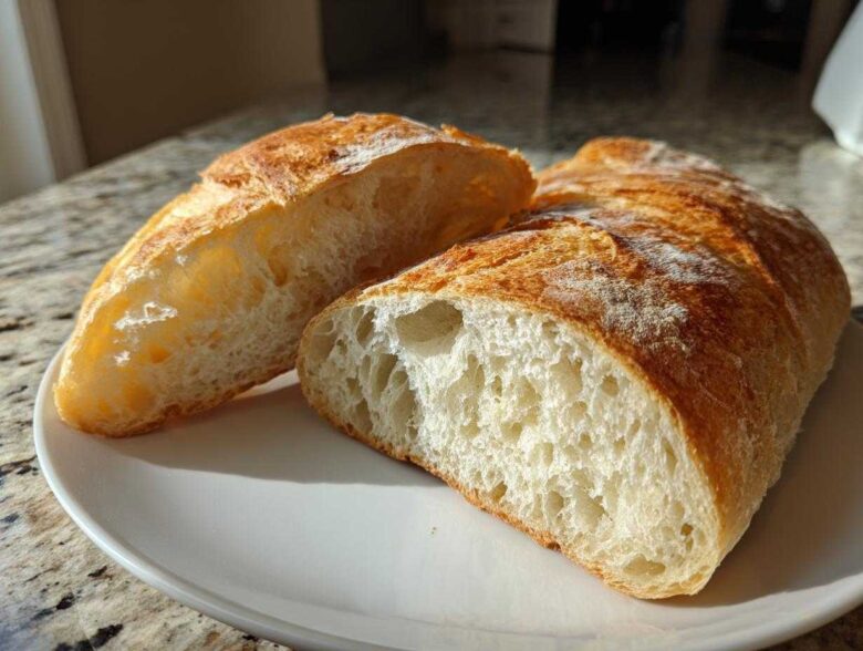A loaf of golden-crusted french bread sliced in half, showing a soft, airy interior crumb.