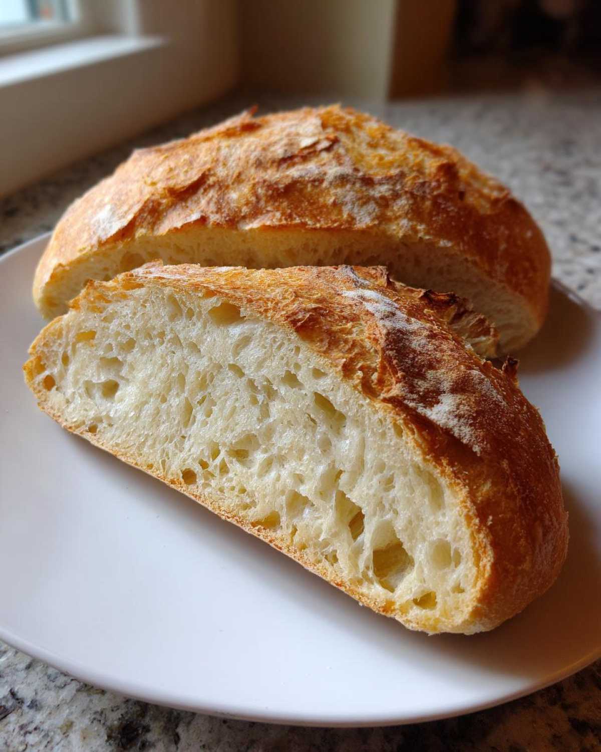 Close-up of a freshly baked french bread loaf sliced open, showing the soft, airy crumb structure.