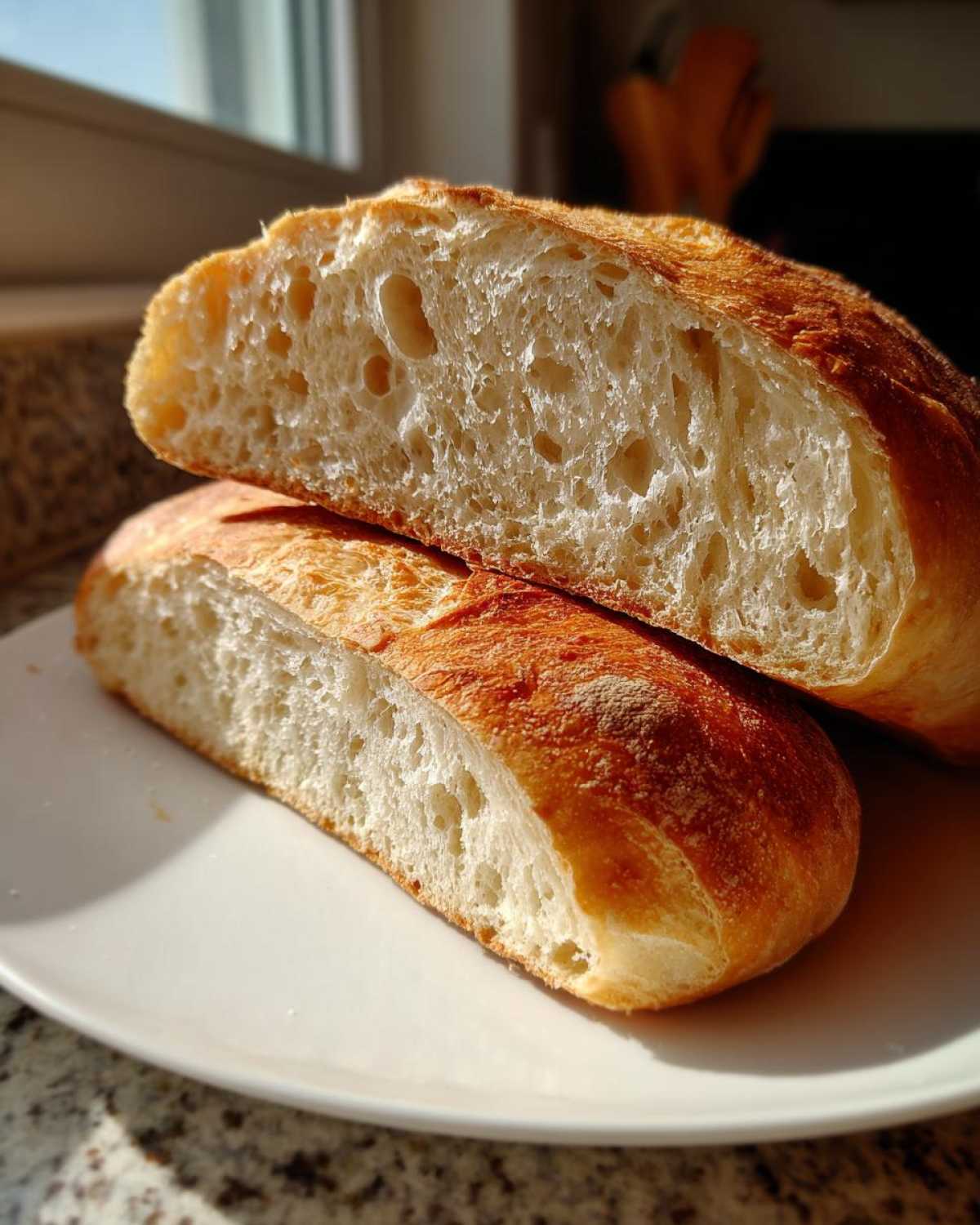 Close-up of homemade french bread cut in half, showing the soft, airy crumb structure and golden crust.