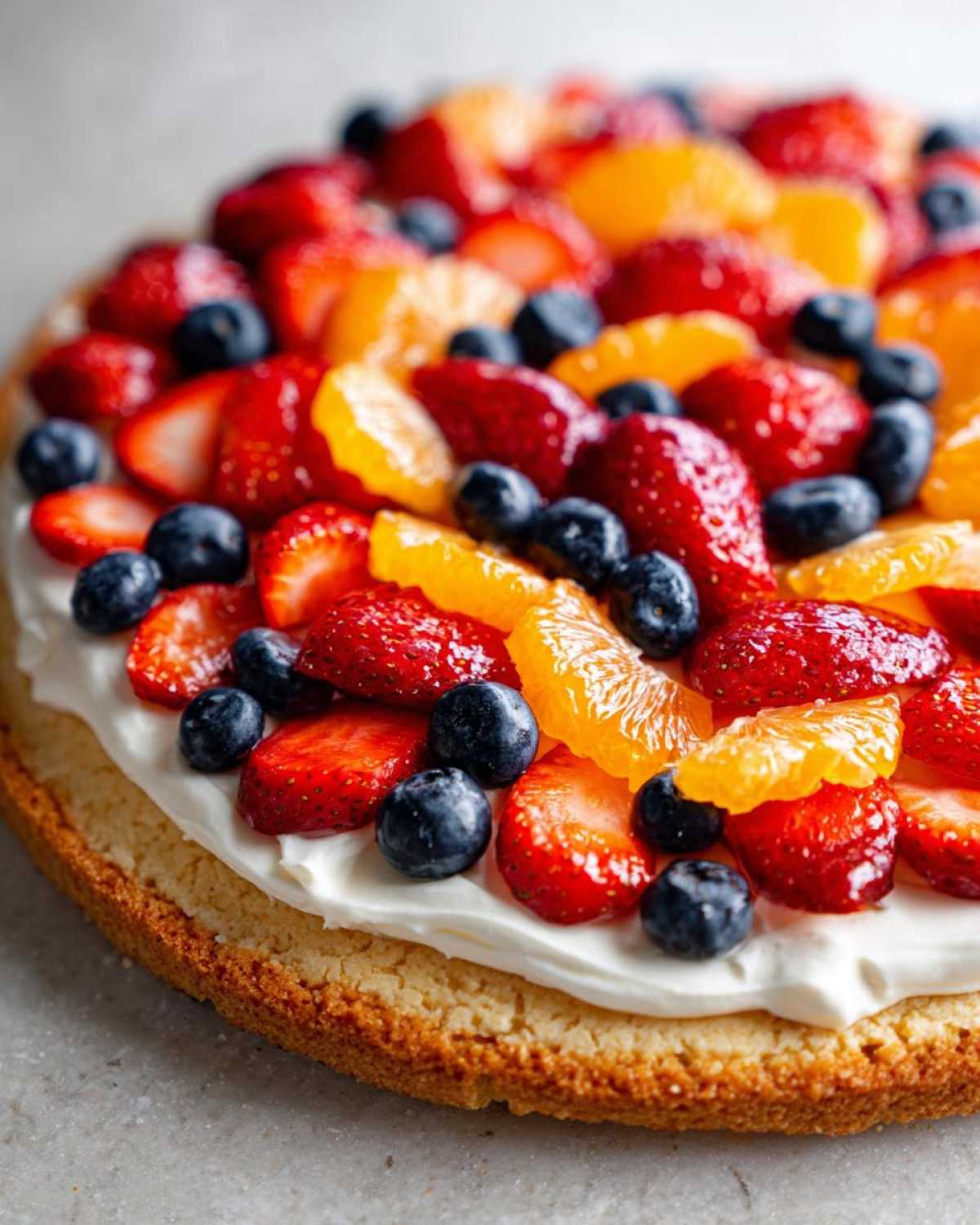 Close-up of a vibrant fruit pizza sugar cookie topped with cream cheese frosting, strawberries, blueberries, and mandarin orange slices.