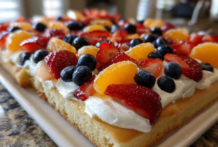 Close-up of a rectangular fruit pizza sugar cookie topped with whipped cream, strawberries, blueberries, and mandarin oranges.
