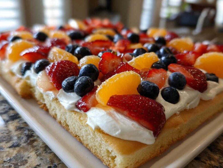 Close-up of a rectangular fruit pizza sugar cookie topped with whipped cream, strawberries, blueberries, and mandarin oranges.