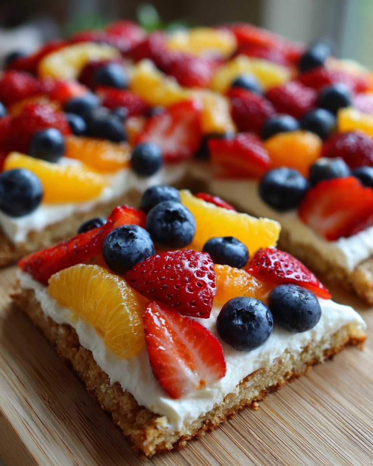 A close-up slice of fruit pizza sugar cookie topped with white frosting, strawberries, blueberries, and orange segments.