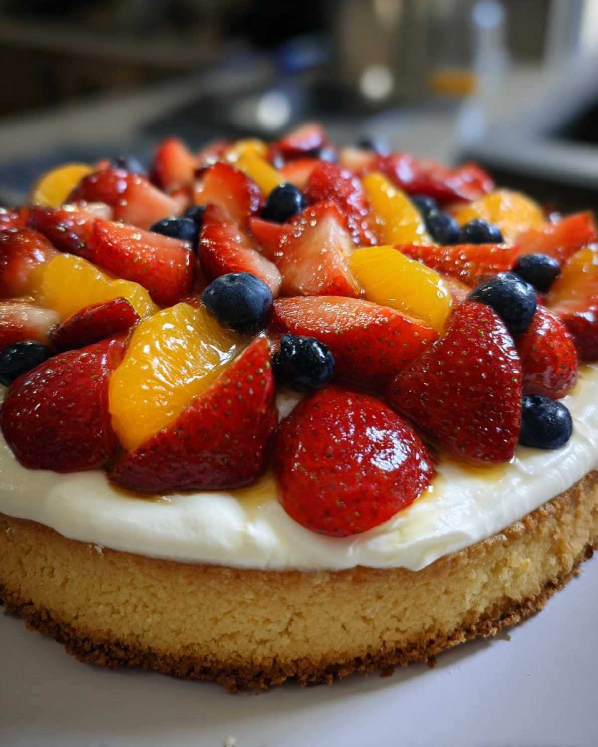A close-up of a fruit pizza sugar cookie base topped with cream cheese frosting and fresh strawberries, blueberries, and mandarin oranges.