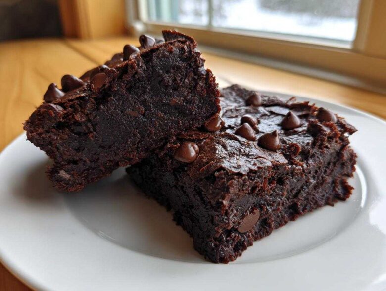 Two fudgy black bean brownies topped with melted chocolate chips served on a white plate.