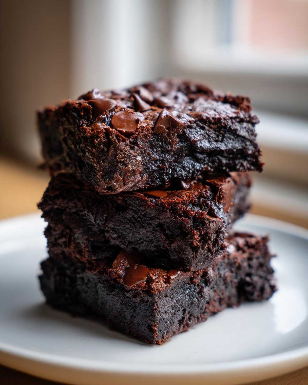 Close-up of three fudgy black bean brownies stacked on a white plate, topped with melted chocolate chips.