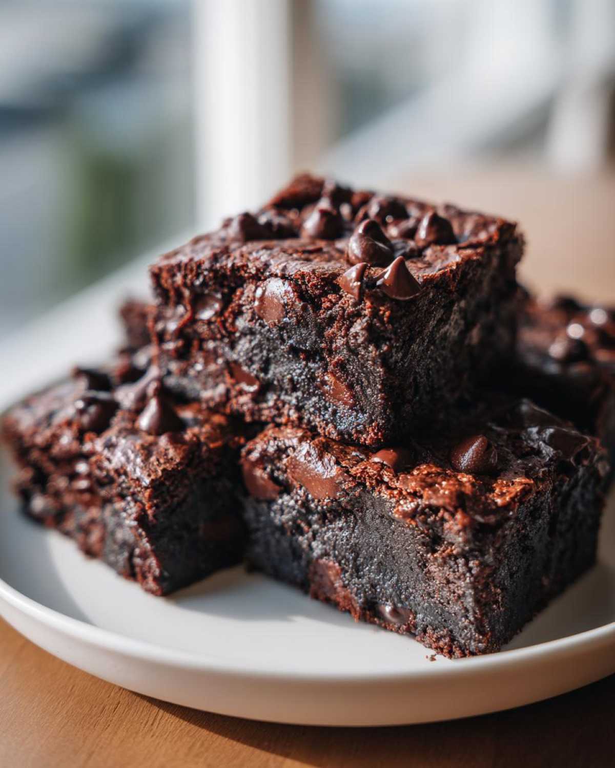A stack of fudgy black bean brownies loaded with melted chocolate chips, sitting on a white plate.