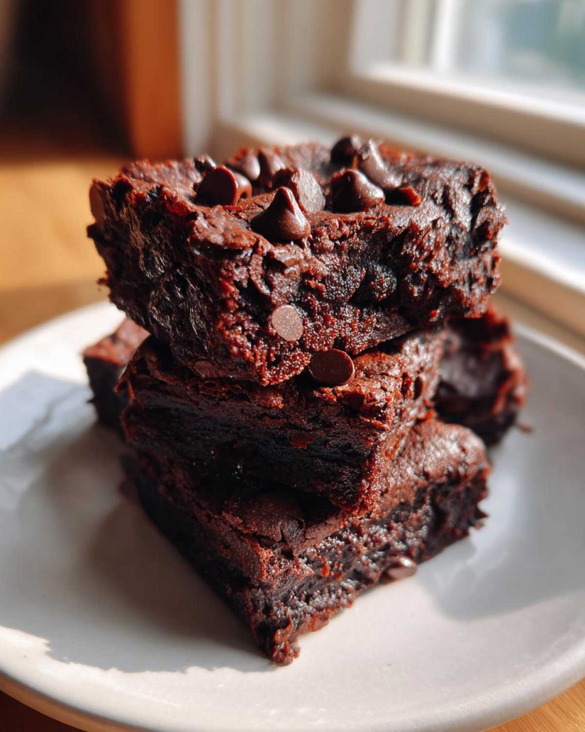 A stack of three fudgy black bean brownies topped with chocolate chips, sitting on a white plate near a window.