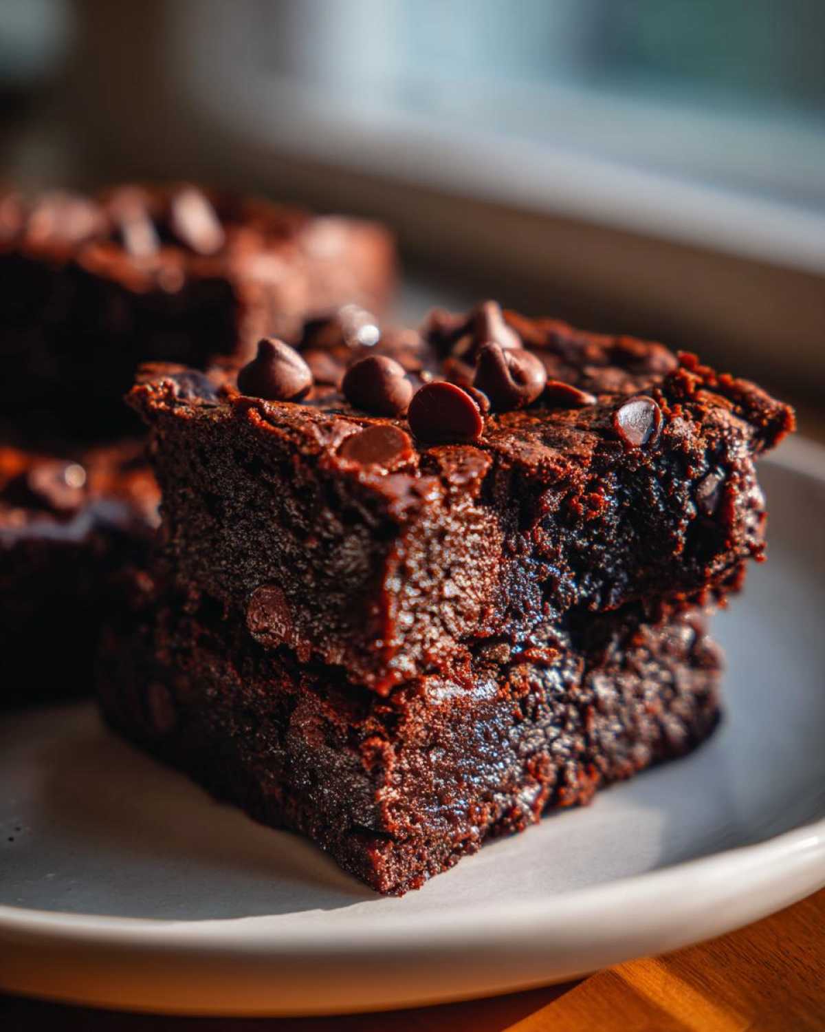 Close-up of two stacked, fudgy black bean brownies topped with chocolate chips, glistening in the light.