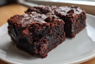 Close-up of two rich, dark, fudgy sweet potato brownies topped with chocolate chips on a white plate.