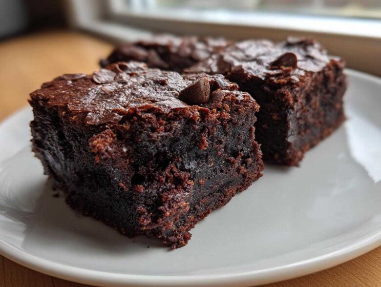 Close-up of two rich, dark, fudgy sweet potato brownies topped with chocolate chips on a white plate.