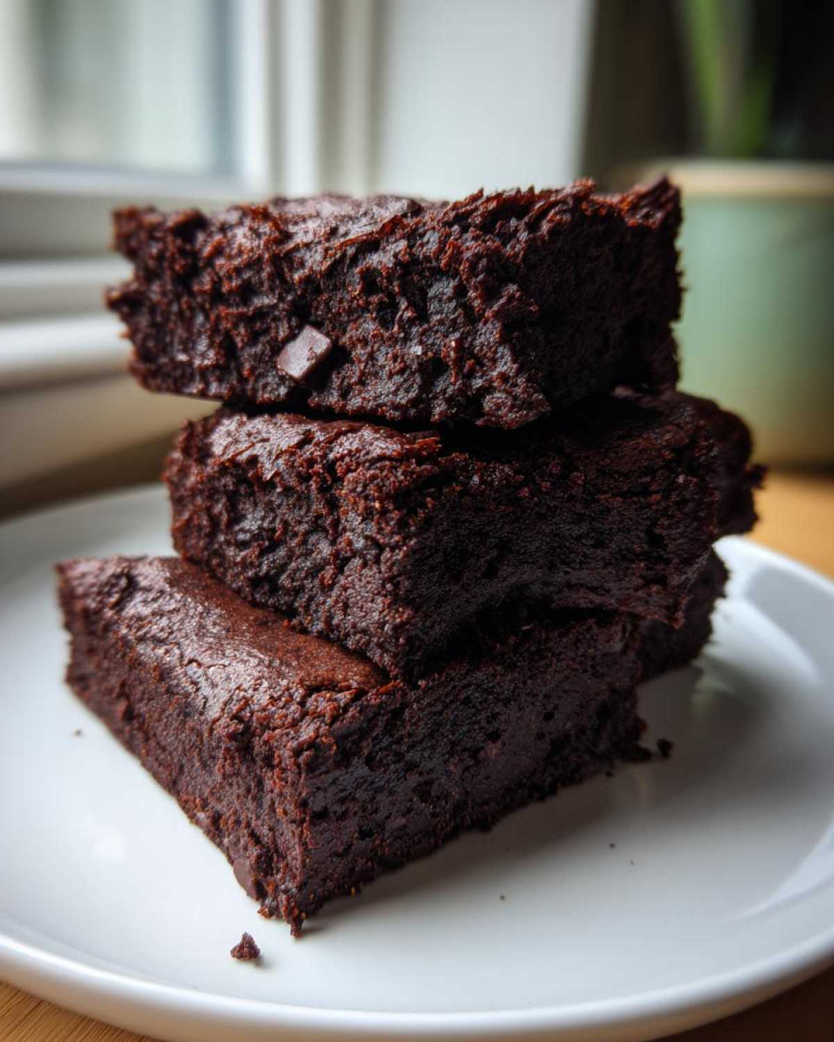 A stack of three fudgy, dark chocolate sweet potato brownies resting on a white plate.
