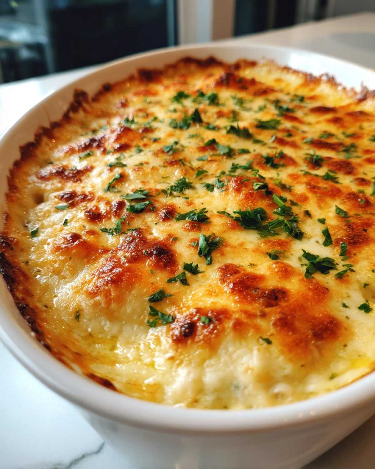 Close-up of a bubbling, cheesy Garlic parmesan chicken bake topped with fresh parsley.
