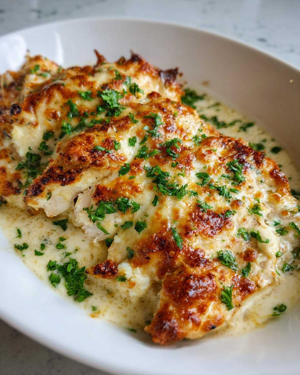 Three pieces of Garlic parmesan chicken bake topped with melted, browned cheese and fresh parsley, sitting in a creamy sauce.