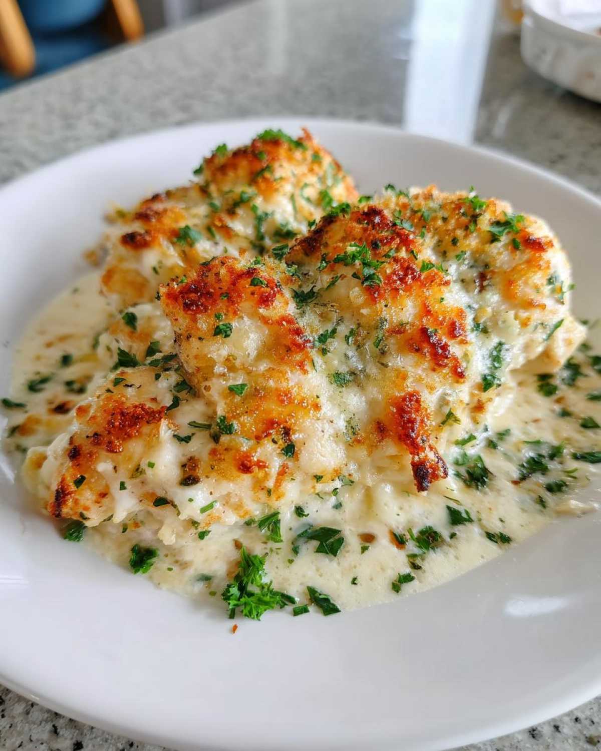 Two servings of Garlic Parmesan Chicken Bake covered in golden cheese crust and creamy sauce, garnished with parsley.