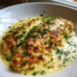 Two pieces of Garlic parmesan chicken bake covered in melted, browned cheese and fresh parsley, sitting in a creamy sauce.