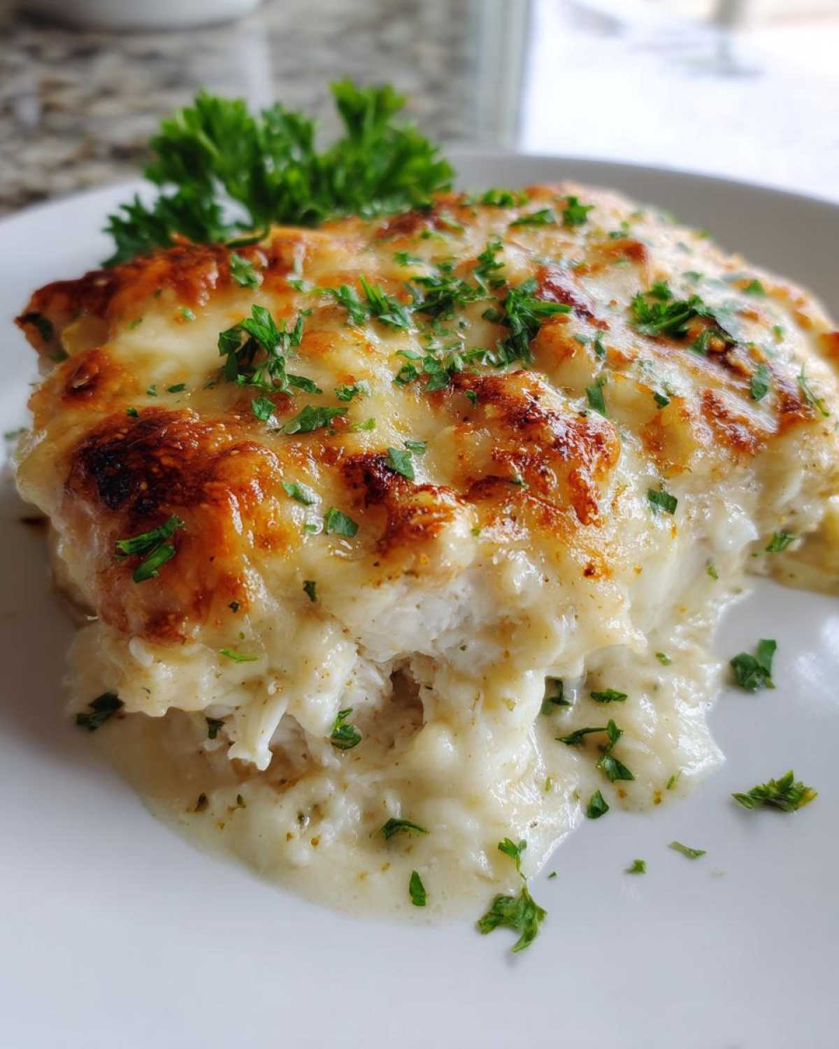 Close-up of a serving of Garlic Parmesan Chicken Bake, showing tender chicken covered in melted, browned cheese sauce and parsley.