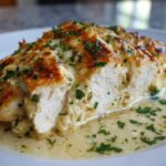 Close-up of a sliced Garlic parmesan chicken bake, showing juicy white meat covered in melted cheese sauce and parsley.