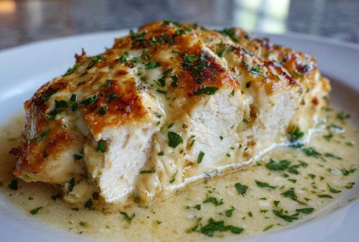Close-up of a sliced Garlic parmesan chicken bake, showing juicy white meat covered in melted cheese sauce and parsley.