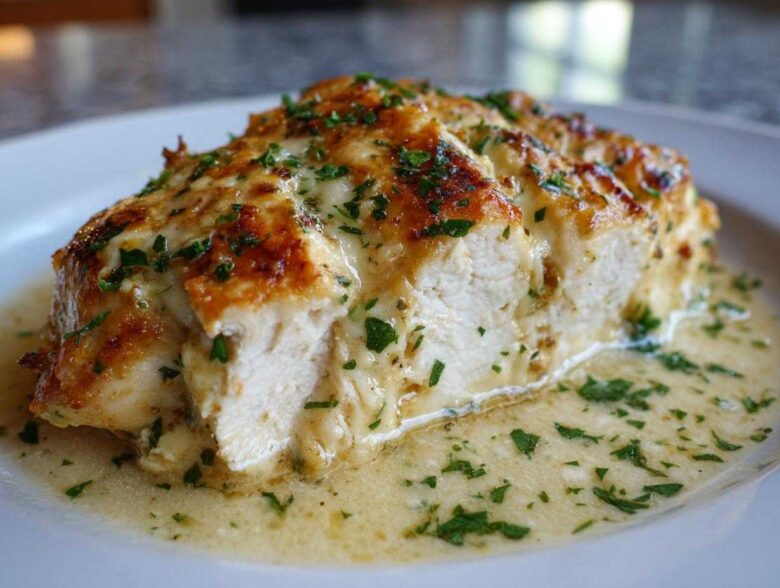 Close-up of a sliced Garlic parmesan chicken bake, showing juicy white meat covered in melted cheese sauce and parsley.