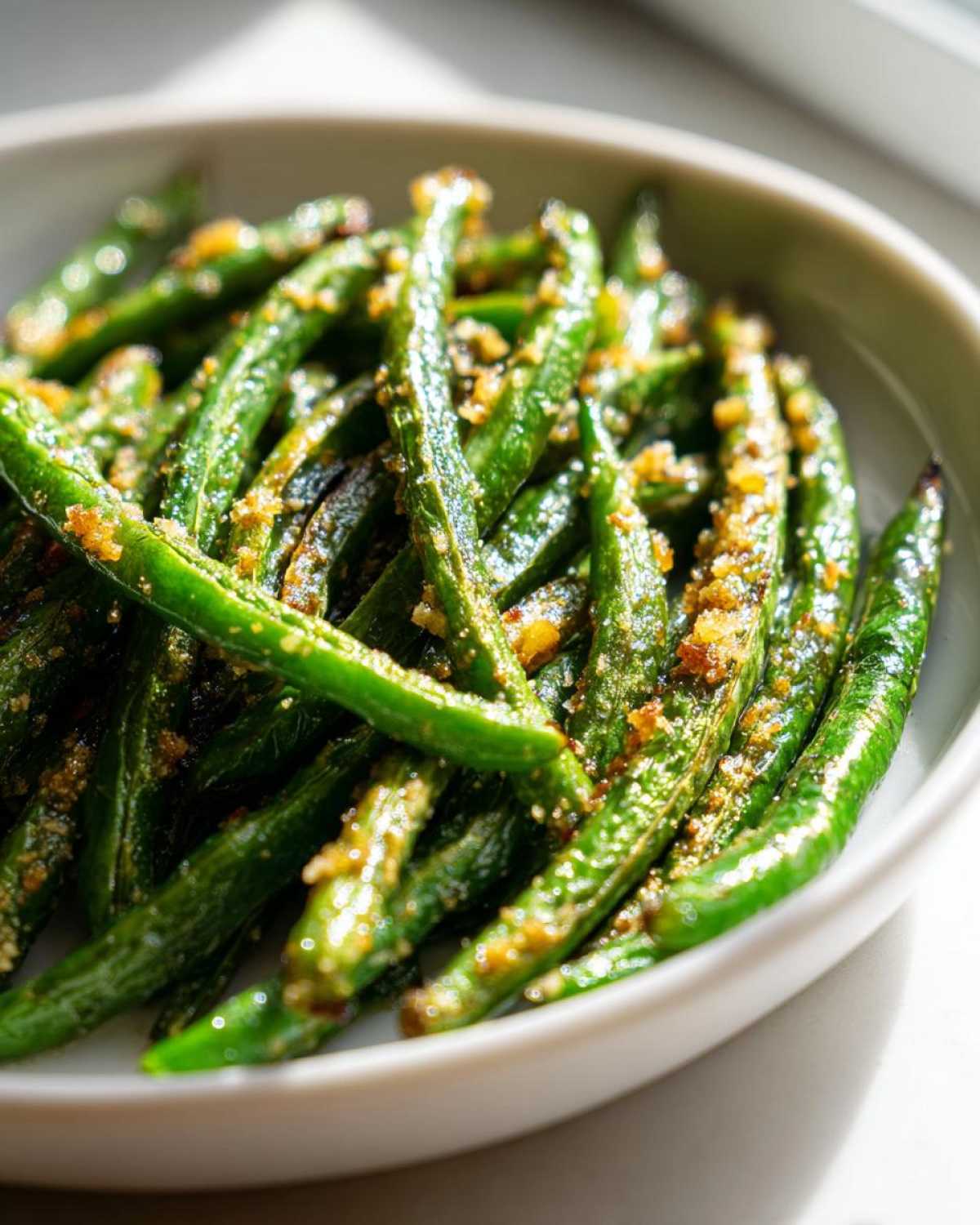 Close-up of vibrant, cooked green beans tossed with golden garlic parmesan topping in a white bowl.