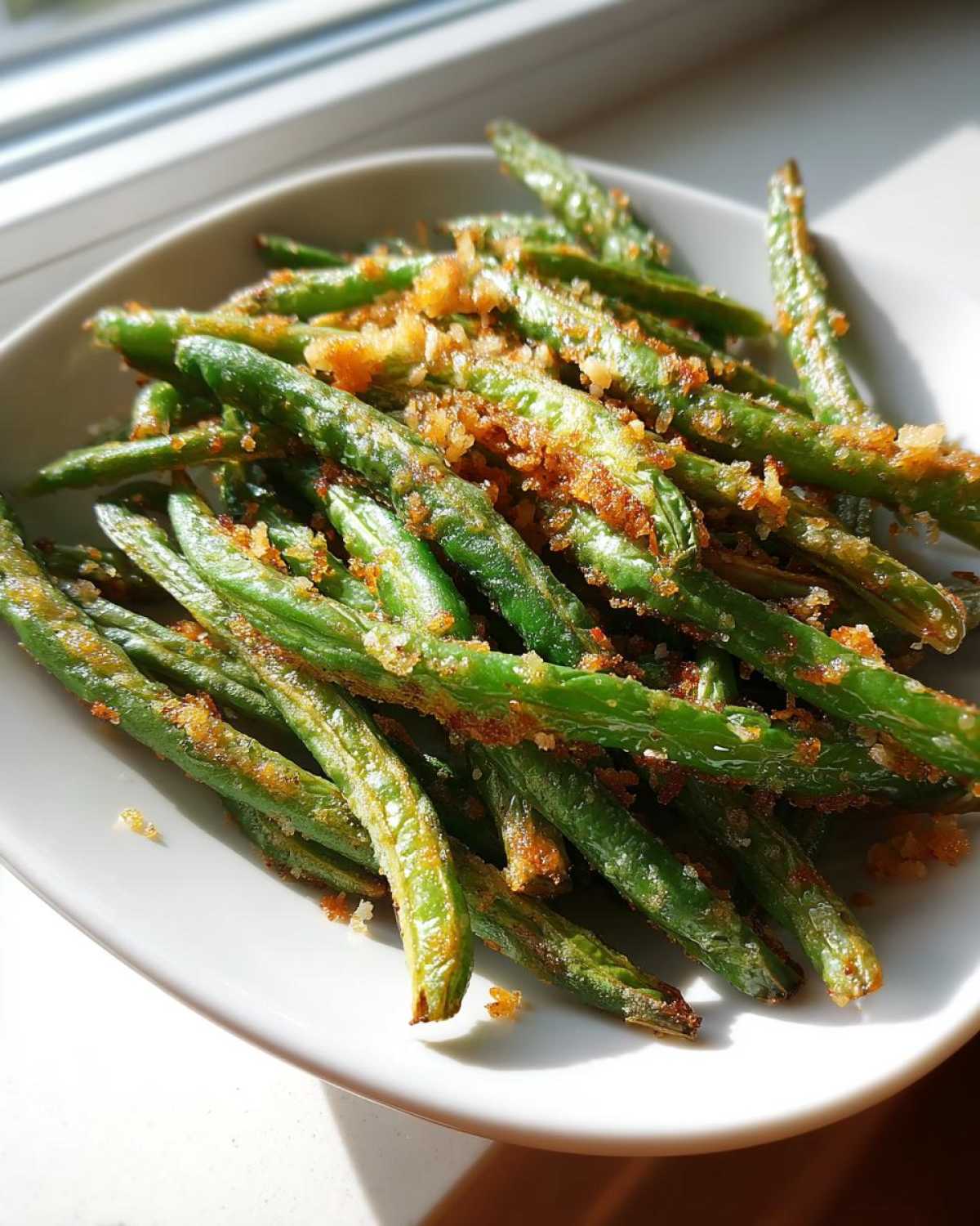 Close-up of bright green beans tossed with crispy garlic parmesan topping served in a white bowl.