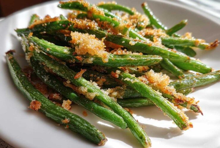 Close-up of bright green beans tossed with crispy, golden garlic parmesan topping on a white plate.