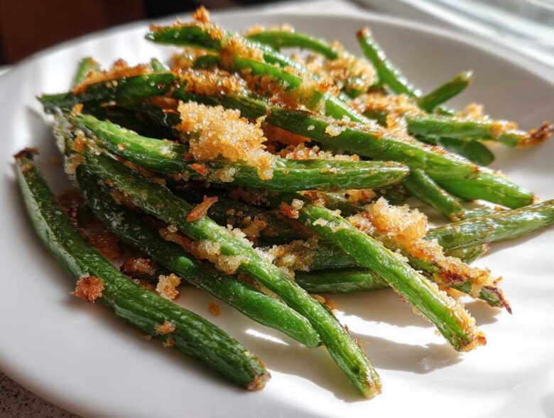 Close-up of bright green beans tossed with crispy, golden garlic parmesan topping on a white plate.
