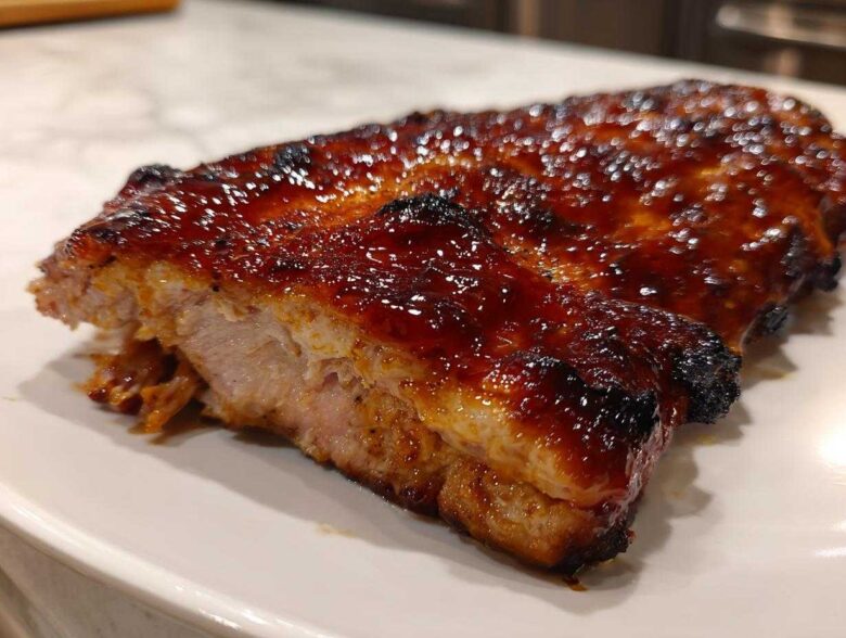 Close-up of a piece of meat, likely BBQ ribs, covered in a thick, glossy, dark brown glaze, served on a white plate.