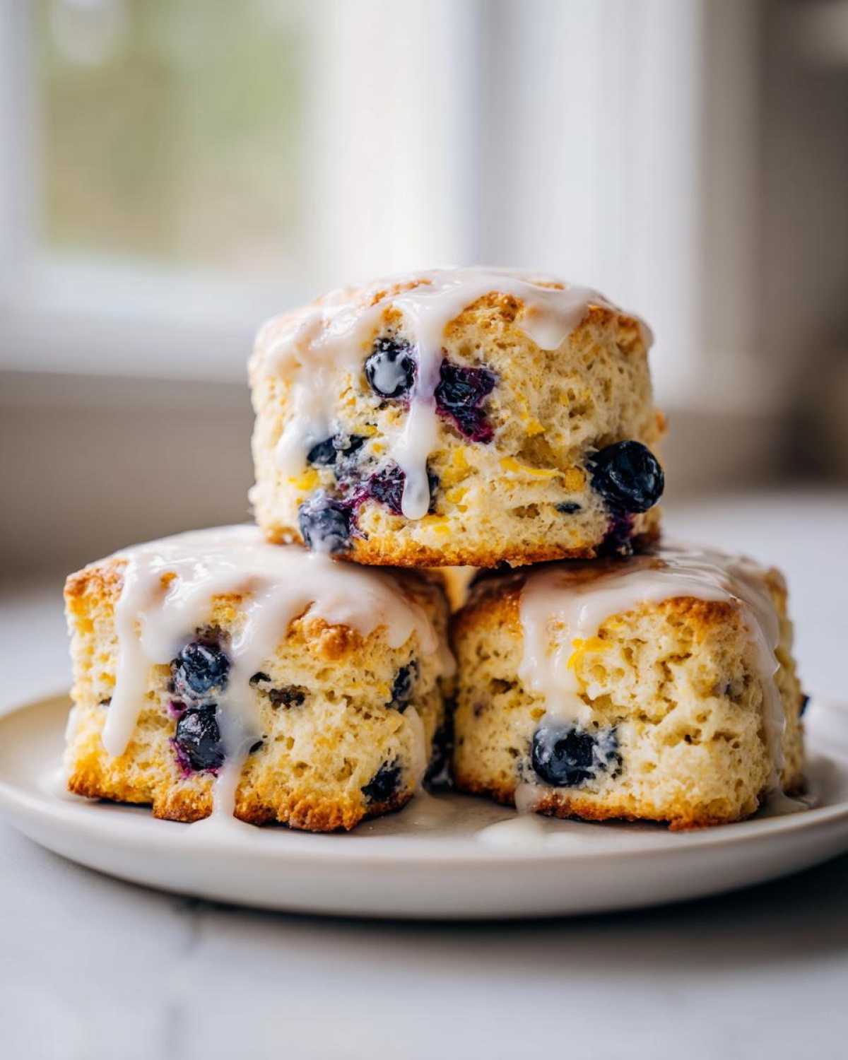 Three tall, square blueberry scones stacked on a plate, drizzled generously with white vanilla glaze.