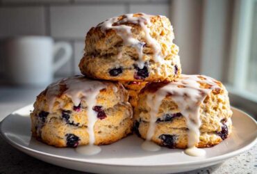 A stack of three fluffy blueberry scones generously topped with a thick white glaze, ready to eat.