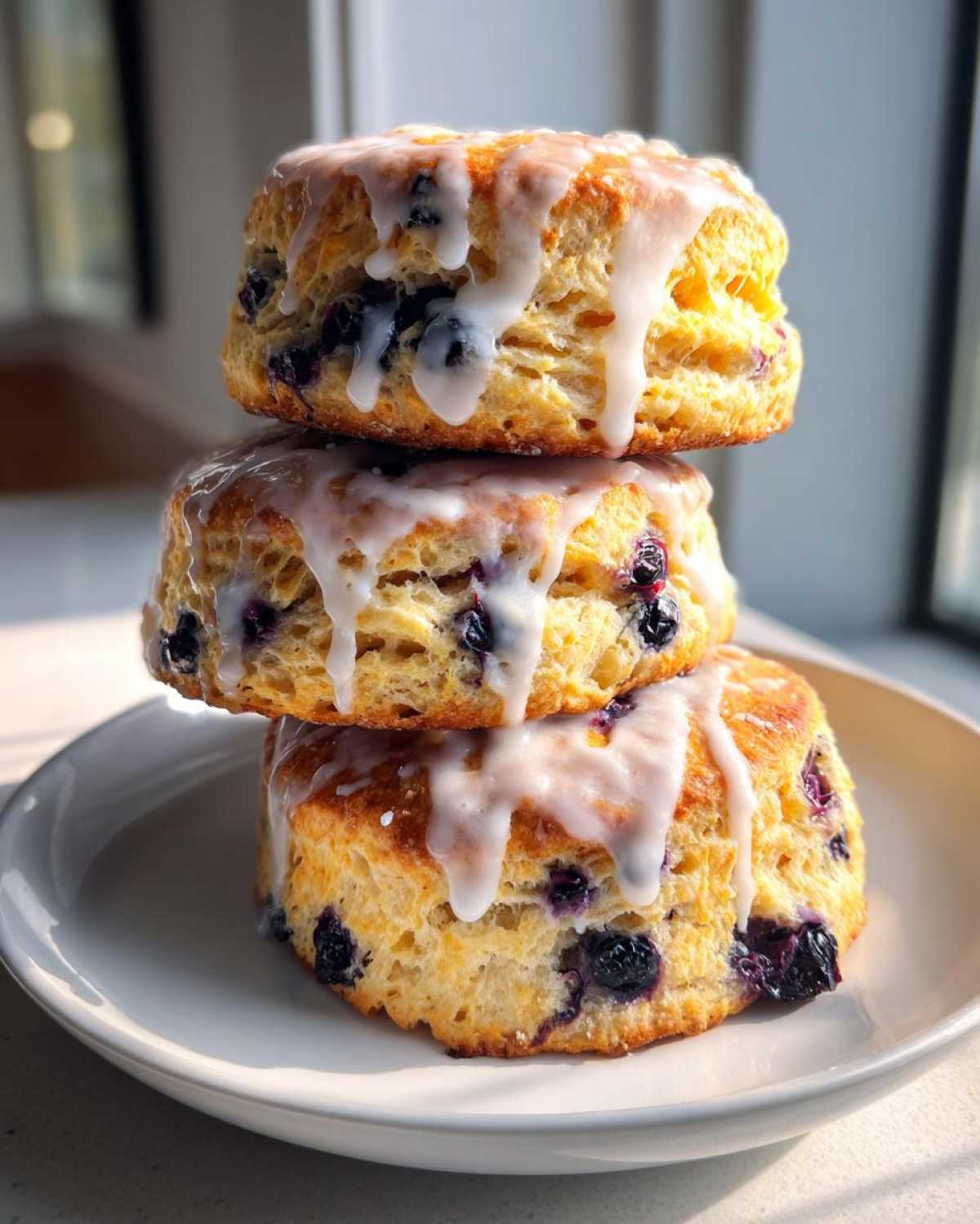 Three fluffy blueberry scones stacked vertically, topped with a thick white glaze drizzle.