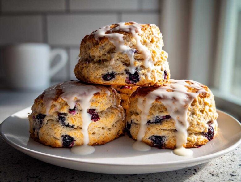 A stack of three fluffy blueberry scones generously topped with a thick white glaze, ready to eat.