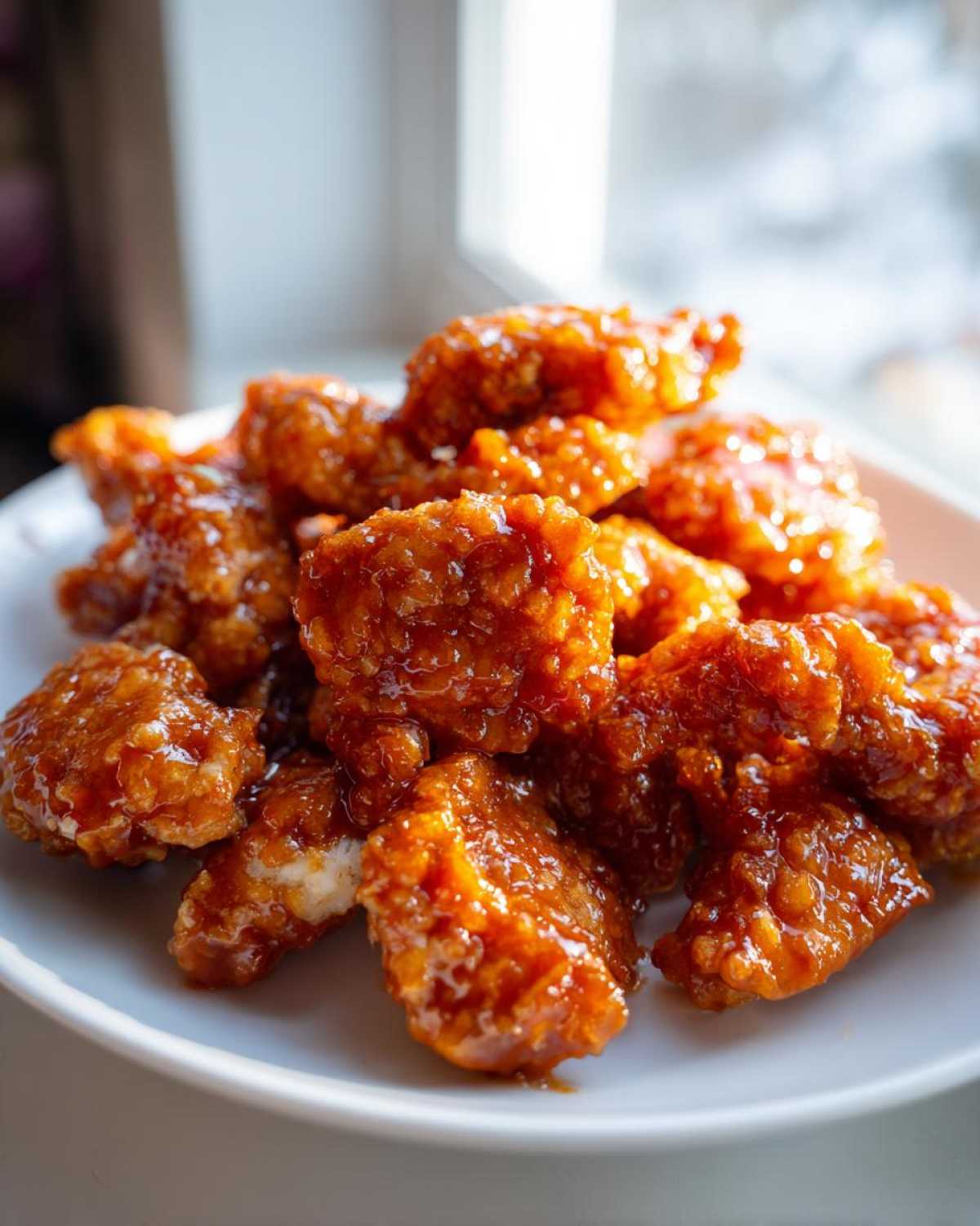 Close-up of crispy chicken pieces heavily coated in a thick, glossy orange sauce, ready for the orange chicken recipe.