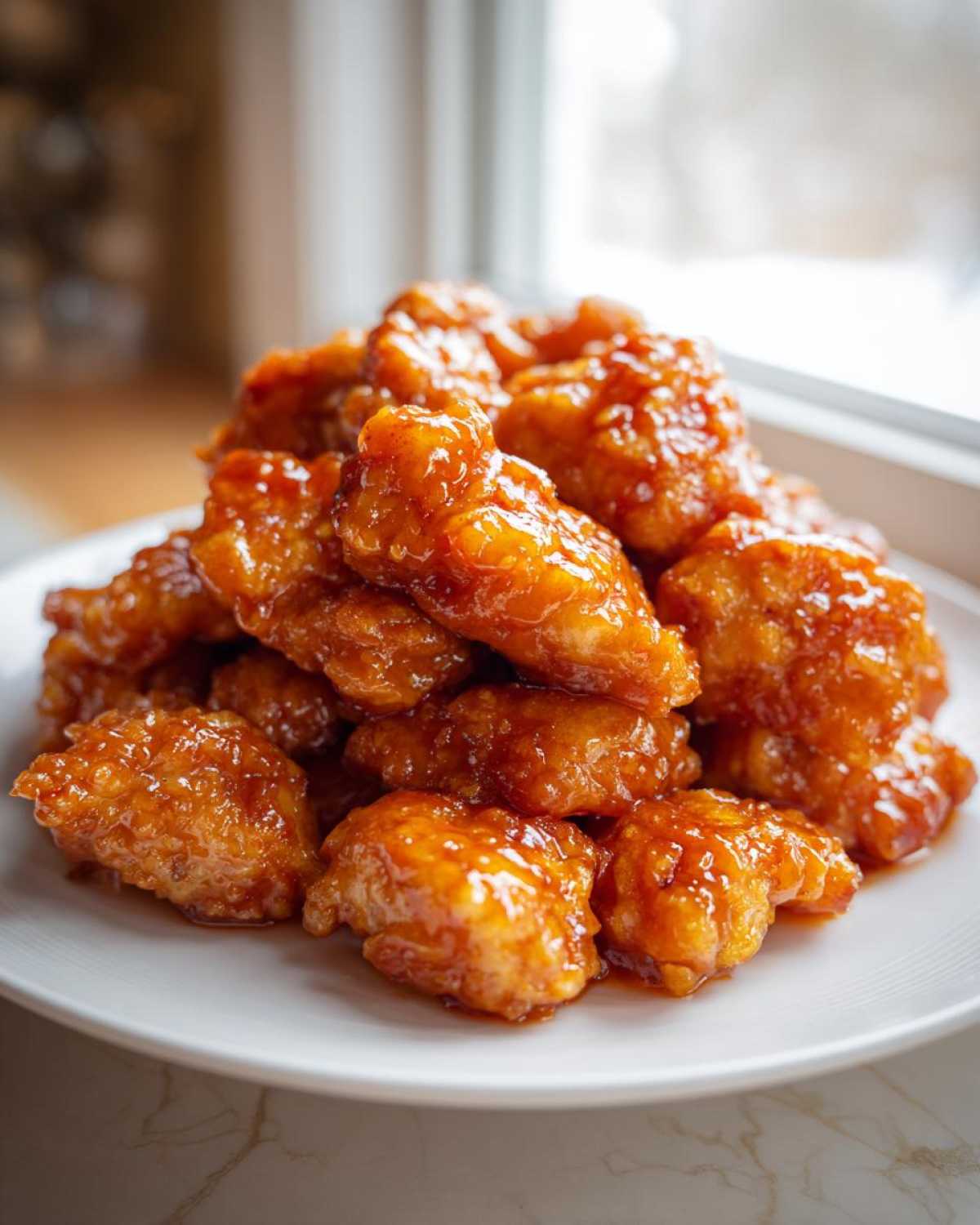 A pile of crispy, battered chicken pieces coated in a thick, glossy orange sauce, ready for the orange chicken recipe.