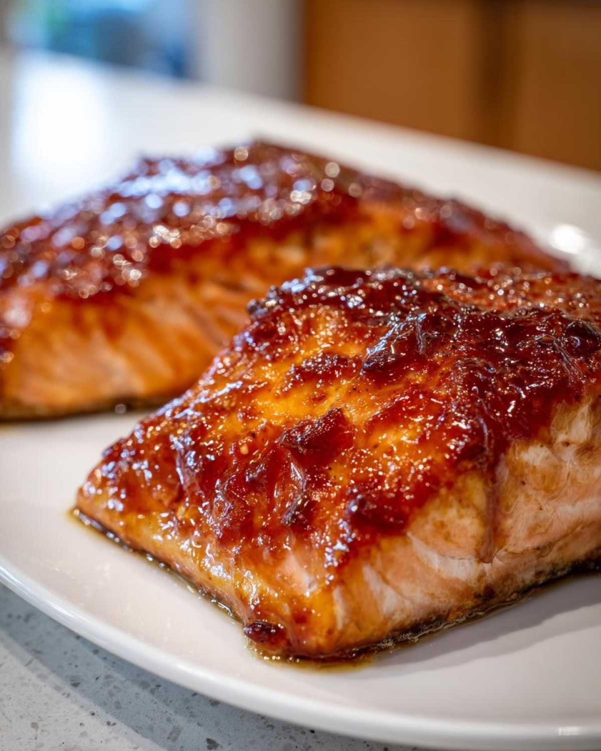 Close-up of two perfectly cooked salmon steaks with a thick, shiny, dark glaze on a white plate.