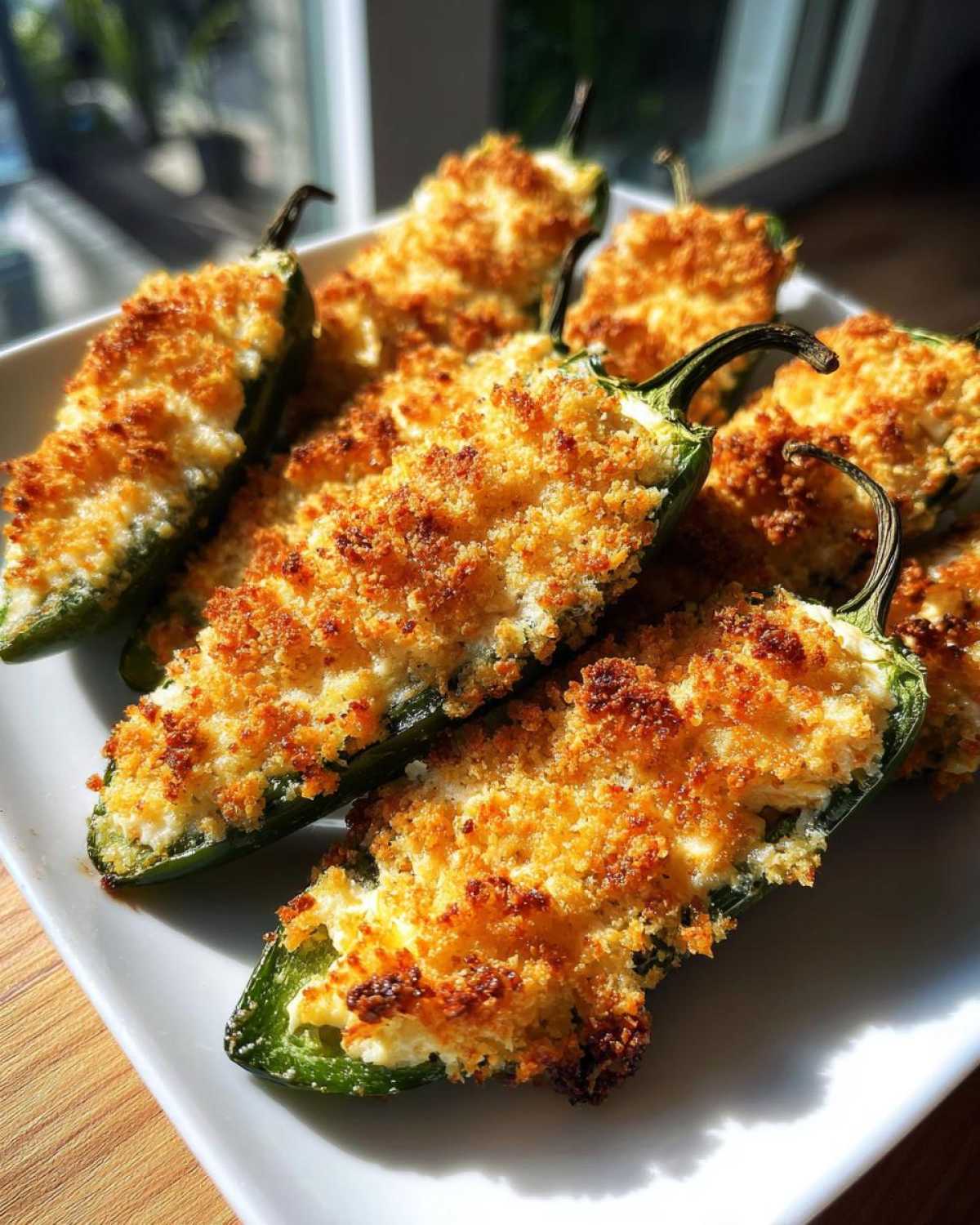 A plate of freshly baked jalapeño poppers featuring a creamy filling and a golden, crispy breadcrumb topping.