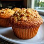 Close-up of a perfectly baked banana nut muffin topped with chopped nuts, sitting on a white plate.