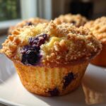 Close-up of a golden blueberry muffin featuring a generous crumb topping and visible bursts of dark blueberries.