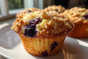 Close-up of a golden blueberry muffin featuring a generous crumb topping and visible bursts of dark blueberries.