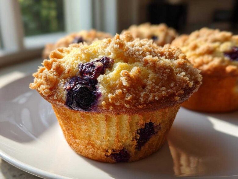 Close-up of a golden blueberry muffin featuring a generous crumb topping and visible bursts of dark blueberries.