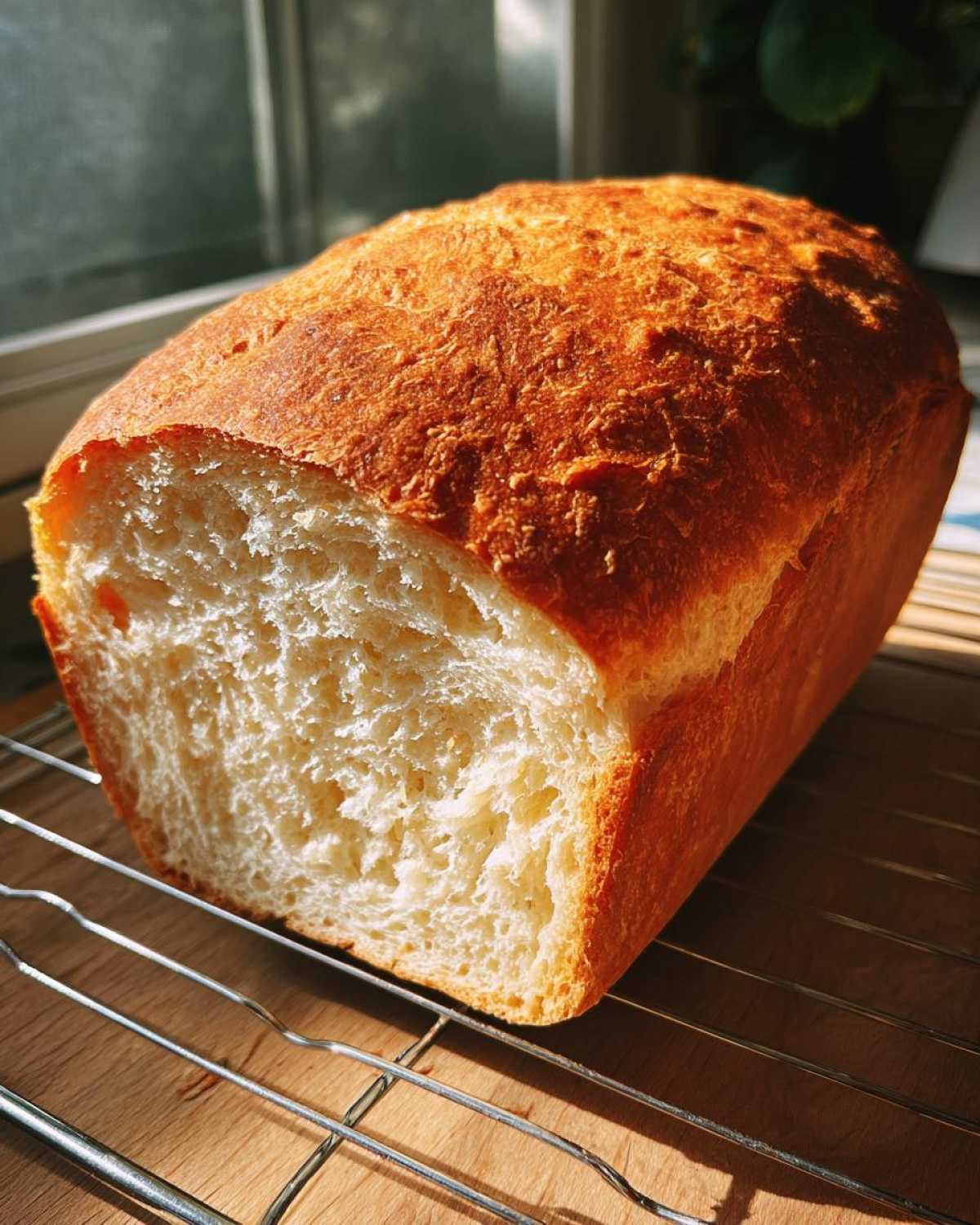 A freshly baked loaf of italian bread with a golden, crusty top, sliced open to show the soft white interior, cooling on a wire rack.