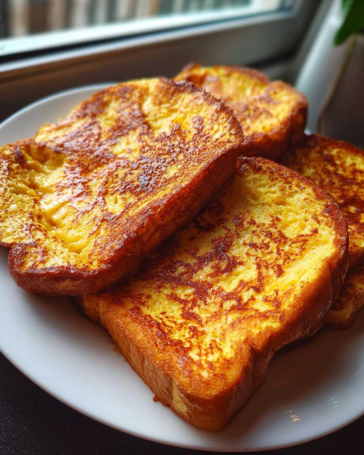 Close-up of several golden brown slices of easy french toast stacked on a white plate near a window.