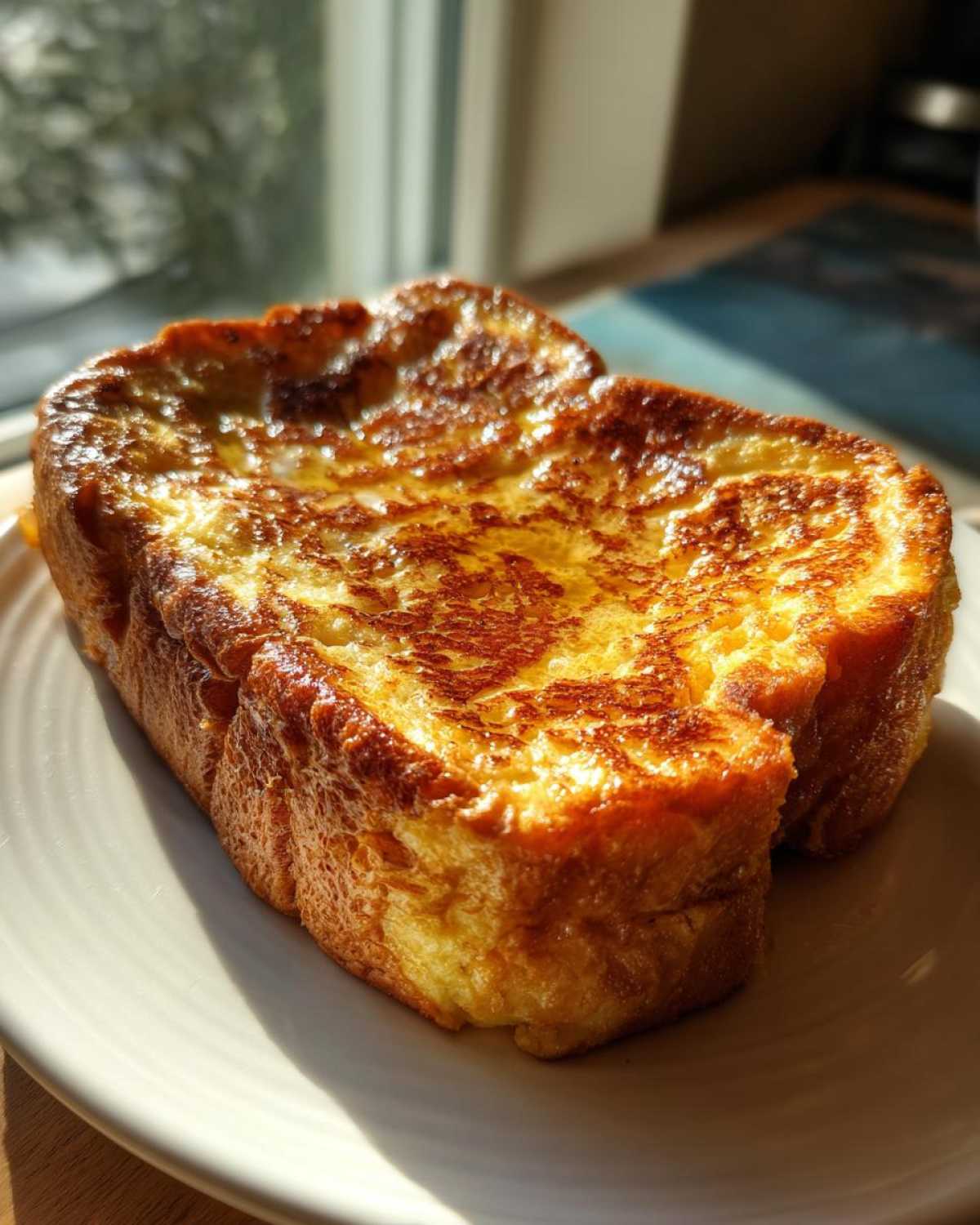 Two thick slices of golden brown easy french toast sitting on a white plate, illuminated by bright sunlight.